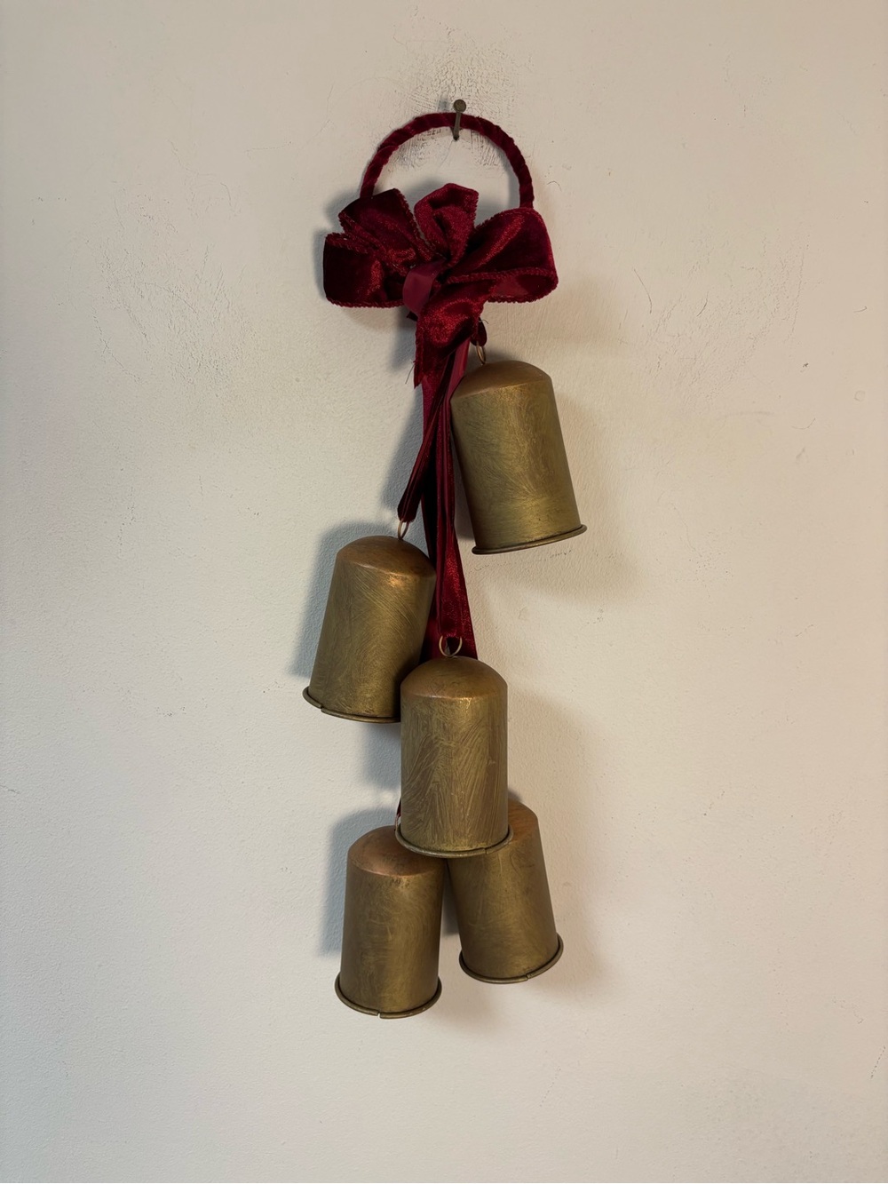 Brass Bell Cluster Wall Hanging with Burgundy Velvet Bow Holiday Decor